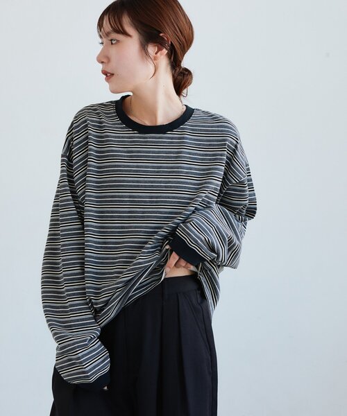 DISCOAT(ディスコート)の「【Enlude】ボーダーロンT《ユニセックス》(Tシャツ/カットソー・レディース・ライトベージュ/チャコールグレー/ブラウン・MEDIUM/LARGE)」の2枚目の写真