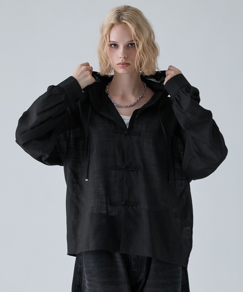 VELNUS(ベルナス)の「【VELNUS】Chinese Button Design Sheer Hooded Shirt Parka/チャイナボタンデザイン シアーフードシャツパーカー(シャツ/ブラウス・メンズ・ネイビー/ブラック・M/S/L)」の1枚目の写真
