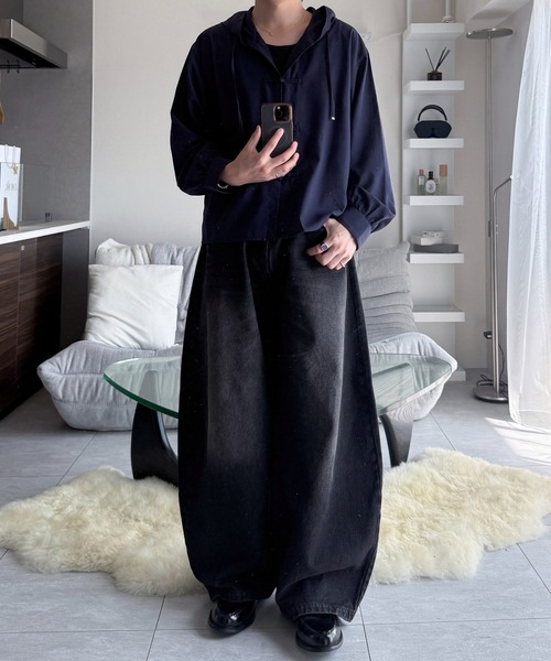 VELNUS(ベルナス)の「【VELNUS】Chinese Button Design Sheer Hooded Shirt Parka/チャイナボタンデザイン シアーフードシャツパーカー(シャツ/ブラウス・メンズ・ネイビー/ブラック・M/S/L)」の4枚目の写真