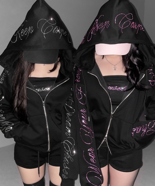 me+em select(ミームセレクト)の「【 セットアップ可能 】ラインストーンロゴダブルジップパーカー / Rhine stone logo double zip hoodie(パーカー・レディース・ブラック系1/ブラック・FREE)」の1枚目の写真