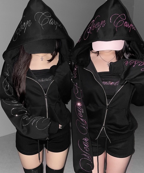 me+em select(ミームセレクト)の「【 セットアップ可能 】ラインストーンロゴダブルジップパーカー / Rhine stone logo double zip hoodie(パーカー・レディース・ブラック系1/ブラック・FREE)」の14枚目の写真