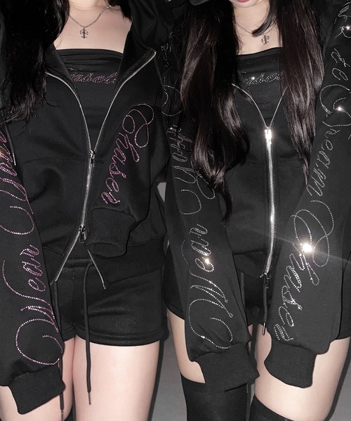 me+em select(ミームセレクト)の「【 セットアップ可能 】ラインストーンロゴダブルジップパーカー / Rhine stone logo double zip hoodie(パーカー・レディース・ブラック系1/ブラック・FREE)」の12枚目の写真
