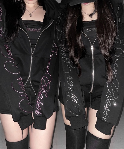 me+em select(ミームセレクト)の「【 セットアップ可能 】ラインストーンロゴダブルジップパーカー / Rhine stone logo double zip hoodie(パーカー・レディース・ブラック系1/ブラック・FREE)」の13枚目の写真