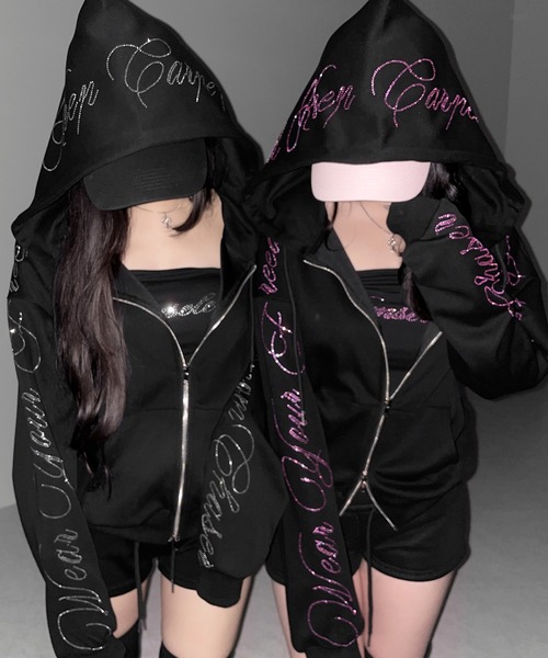 me+em select(ミームセレクト)の「【 セットアップ可能 】ラインストーンロゴダブルジップパーカー / Rhine stone logo double zip hoodie(パーカー・レディース・ブラック系1/ブラック・FREE)」の15枚目の写真