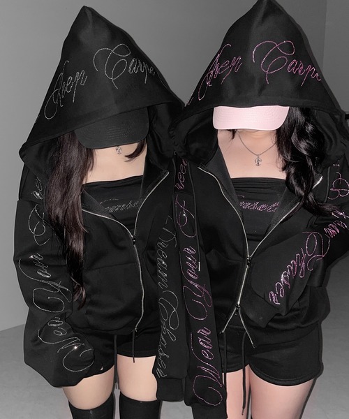 me+em select(ミームセレクト)の「【 セットアップ可能 】ラインストーンロゴダブルジップパーカー / Rhine stone logo double zip hoodie(パーカー・レディース・ブラック系1/ブラック・FREE)」の16枚目の写真