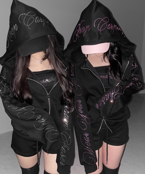 me+em select(ミームセレクト)の「【 セットアップ可能 】ラインストーンロゴダブルジップパーカー / Rhine stone logo double zip hoodie(パーカー・レディース・ブラック系1/ブラック・FREE)」の17枚目の写真