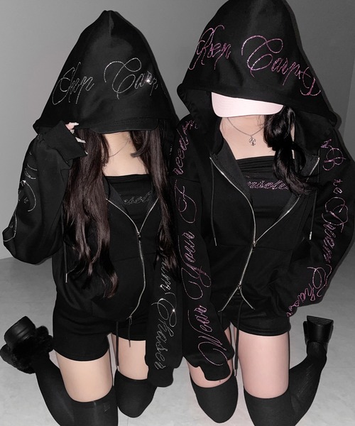 me+em select(ミームセレクト)の「【 セットアップ可能 】ラインストーンロゴダブルジップパーカー / Rhine stone logo double zip hoodie(パーカー・レディース・ブラック系1/ブラック・FREE)」の19枚目の写真