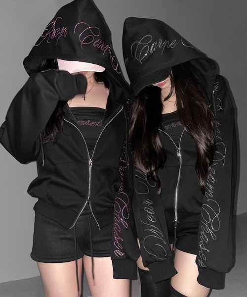 me+em select(ミームセレクト)の「【 セットアップ可能 】ラインストーンロゴダブルジップパーカー / Rhine stone logo double zip hoodie(パーカー・レディース・ブラック系1/ブラック・FREE)」の20枚目の写真