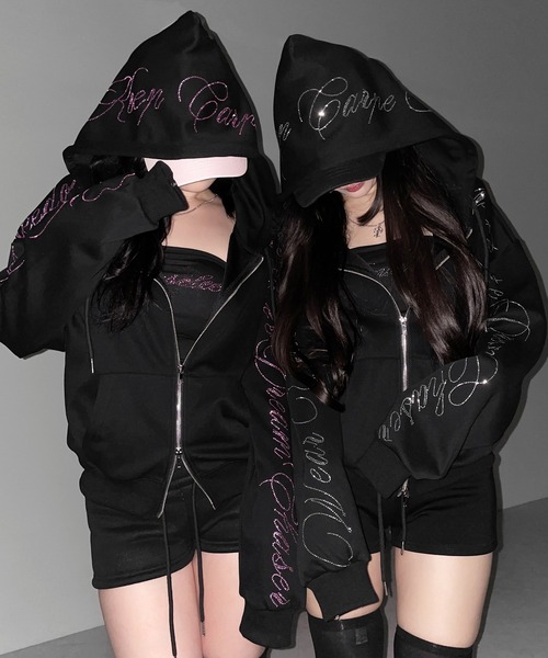 me+em select(ミームセレクト)の「【 セットアップ可能 】ラインストーンロゴダブルジップパーカー / Rhine stone logo double zip hoodie(パーカー・レディース・ブラック系1/ブラック・FREE)」の21枚目の写真