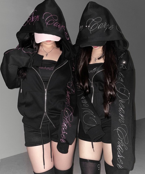 me+em select(ミームセレクト)の「【 セットアップ可能 】ラインストーンロゴダブルジップパーカー / Rhine stone logo double zip hoodie(パーカー・レディース・ブラック系1/ブラック・FREE)」の22枚目の写真