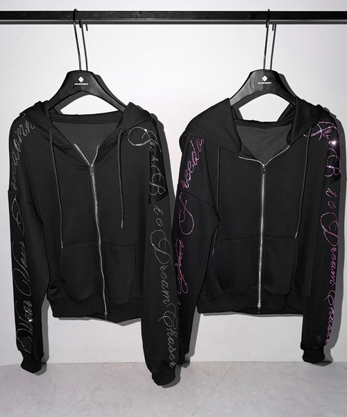 me+em select(ミームセレクト)の「【 セットアップ可能 】ラインストーンロゴダブルジップパーカー / Rhine stone logo double zip hoodie(パーカー・レディース・ブラック系1/ブラック・FREE)」の8枚目の写真