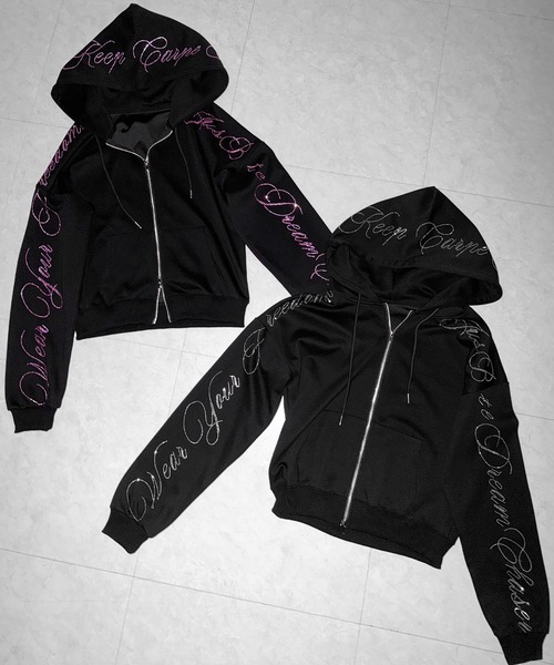 me+em select(ミームセレクト)の「【 セットアップ可能 】ラインストーンロゴダブルジップパーカー / Rhine stone logo double zip hoodie(パーカー・レディース・ブラック系1/ブラック・FREE)」の9枚目の写真