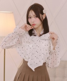 ハートドット柄 ビッグボウタイ フリル シフォンブラウス