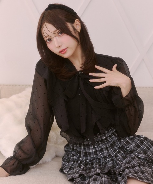 Rmine(アールマイン)の「ハートドット柄 ビッグボウタイ フリル シフォンブラウス(シャツ/ブラウス・レディース・ピンク/ブラック/ホワイト・FREE)」の12枚目の写真