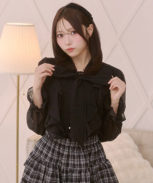 Rmine(アールマイン)の「ハートドット柄 ビッグボウタイ フリル シフォンブラウス(シャツ/ブラウス・レディース・ピンク/ブラック/ホワイト・FREE)」の11枚目の写真