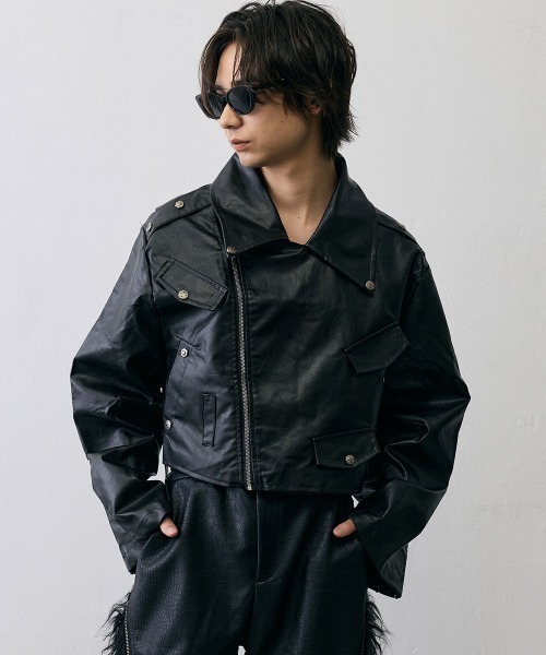Shoowtime(ショウタイム)の「Grunge Flare Sleeve Cropped Leather Jacket / グランジ フレアスリーブ クロップド レザージャケット(ライダースジャケット・メンズ・ブラック・MEDIUM/X-LARGE/LARGE)」の4枚目の写真