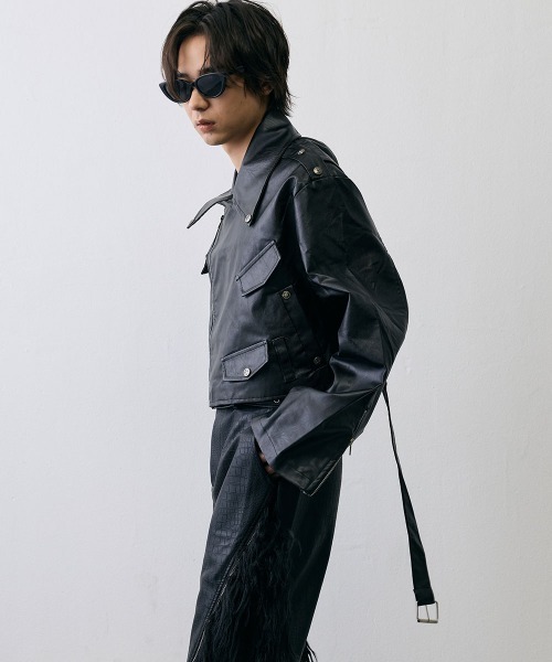Shoowtime(ショウタイム)の「Grunge Flare Sleeve Cropped Leather Jacket / グランジ フレアスリーブ クロップド レザージャケット(ライダースジャケット・メンズ・ブラック・MEDIUM/X-LARGE/LARGE)」の8枚目の写真