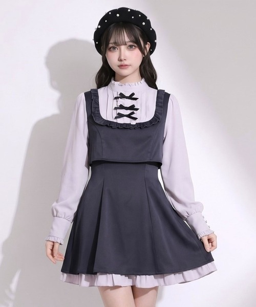 夢展望(ユメテンボウ)の「【ZOZO限定】セットアップ風プチハイドッキングワンピース【大きいサイズ有り】(ワンピース・レディース・グレー/ネイビー/ブラック/チェック・M-L/LL~3L/L~LL)」の3枚目の写真