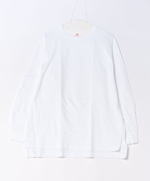 HANES(ヘインズ)の「【HANES/ヘインズ】【ヘビーウェイト(肉厚)のコットン100%生地を使用】1P BEEFY-T for HER ボリュームスリーブTシャツ 長袖 無地 シンプル タフ サイドスリット 華奢見え タグレス仕様(Tシャツ/カットソー・レディース・ピンク/ブラック/ホワイト・FREE)」の2枚目の写真