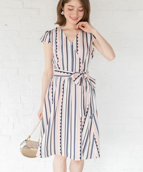 Tocco Closet トッコ クローゼット の スカラップストライプカシュクールワンピース ワンピース Wear Tocco Closet トッコ クローゼット の スカラップストライプカシュクールワンピース ワンピース Wear