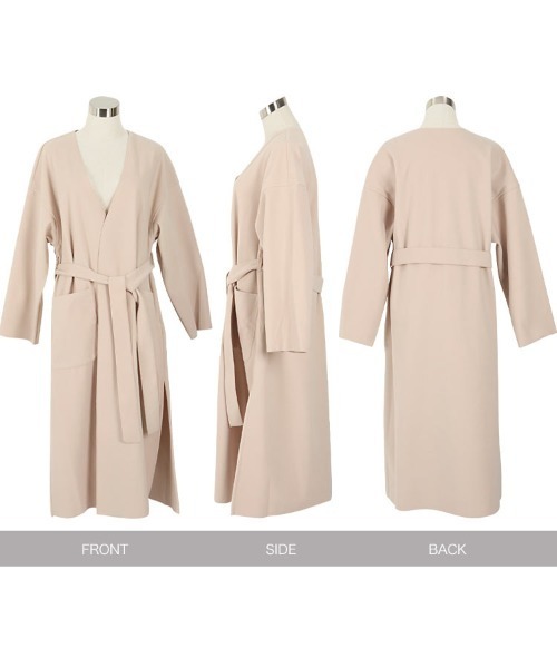 セール】ベルト付きサイドスリットノーカラーガウンコート（ダウン