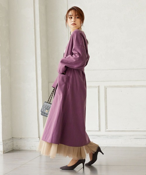 ベルト付きサイドスリットノーカラーガウンコート（ダウンジャケット