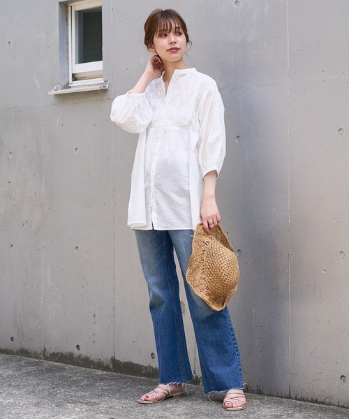 natural couture（ナチュラルクチュール）の「あおいさんコラボ刺繍切替チュニック（シャツ/ブラウス・レディース・ミント/オフホワイト/ブラック/ベージュ・FREE）」の8枚目の写真