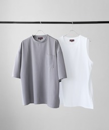 ETELIO | 【2点セット】梨地ポケット付きクルービッグTシャツ＆ロングタンクトップアンサンブルセット(Tシャツ/カットソー)