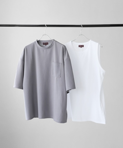 ETELIO（エテリオ）の「【2点セット】梨地ポケット付きクルービッグTシャツ＆ロングタンクトップアンサンブルセット（Tシャツ/カットソー・メンズ・ベージュ/ワインレッド/ブルーグリーン/アッシュ/ホワイト/グレー/ブラック/ワイン系/グリーン系/ブルー/ホワイト×ブラック/ブラック系/ブラック×ホワイト/ホワイト系/ネイビー/ブラック系2/ダークグリーン/ダークオレンジ/チャコール・SMALL/MEDIUM/LARGE/X-LARGE）」の9枚目の写真