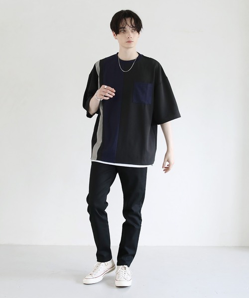 ETELIO（エテリオ）の「【2点セット】梨地ポケット付きクルービッグTシャツ＆ロングタンクトップアンサンブルセット（Tシャツ/カットソー・メンズ・ベージュ/ワインレッド/ブルーグリーン/アッシュ/ホワイト/グレー/ブラック/ワイン系/グリーン系/ブルー/ホワイト×ブラック/ブラック系/ブラック×ホワイト/ホワイト系/ネイビー/ブラック系2/ダークグリーン/ダークオレンジ/チャコール・SMALL/MEDIUM/LARGE/X-LARGE）」の21枚目の写真