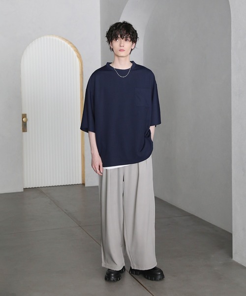 セール】【2点セット】梨地ポケット付きクルービッグTシャツ＆ロング