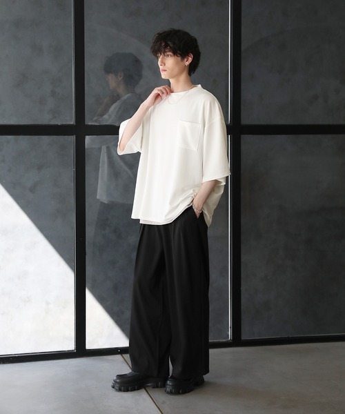 トップス soldout セール】【2点セット】梨地ポケット付きクルービッグTシャツ＆ロング