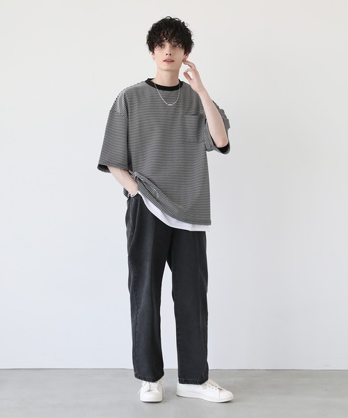 セール】【2点セット】梨地ポケット付きクルービッグTシャツ＆ロング