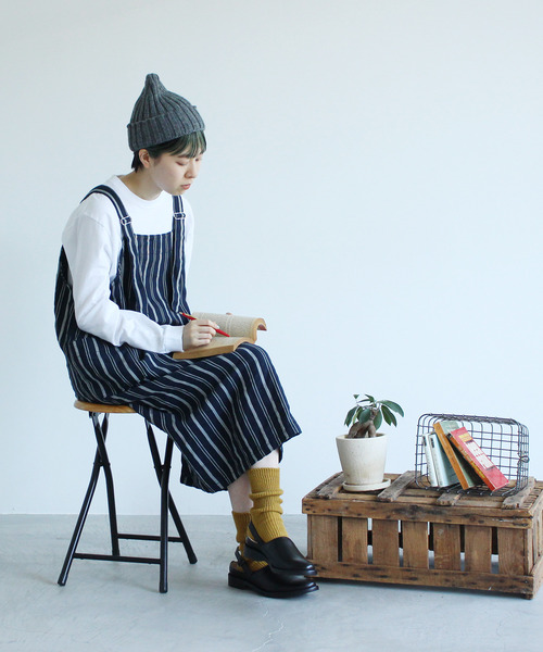 PAR ICI（パーリッシィ）の「ダークストライプ ワークワンピース（ワンピース・レディース・ネイビー/ブラウン・FREE）」の6枚目の写真