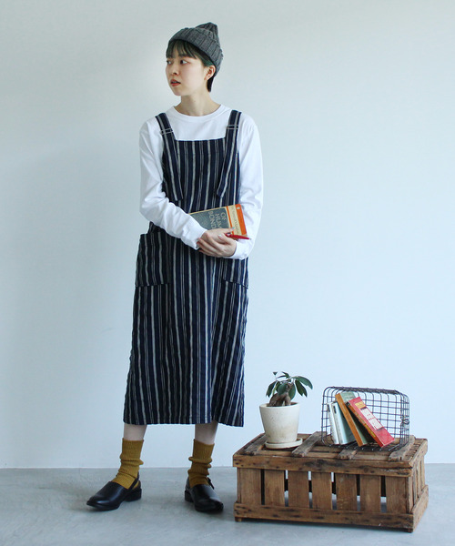 PAR ICI（パーリッシィ）の「ダークストライプ ワークワンピース（ワンピース・レディース・ネイビー/ブラウン・FREE）」の3枚目の写真