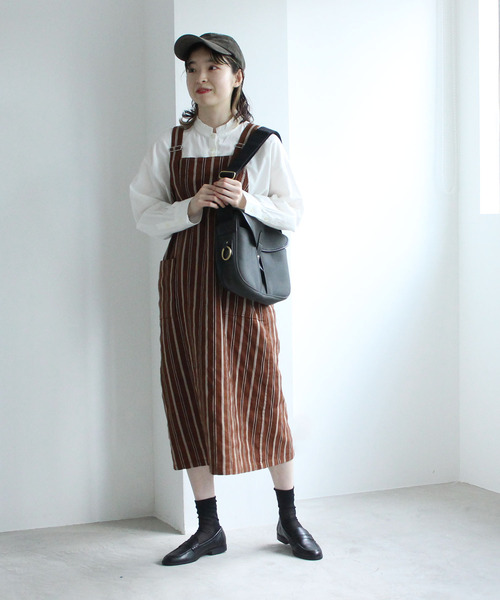 PAR ICI（パーリッシィ）の「ダークストライプ ワークワンピース（ワンピース・レディース・ネイビー/ブラウン・FREE）」の7枚目の写真
