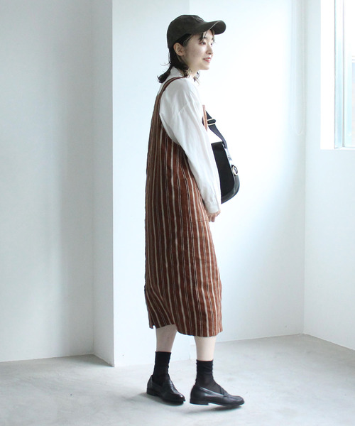 PAR ICI（パーリッシィ）の「ダークストライプ ワークワンピース（ワンピース・レディース・ネイビー/ブラウン・FREE）」の8枚目の写真