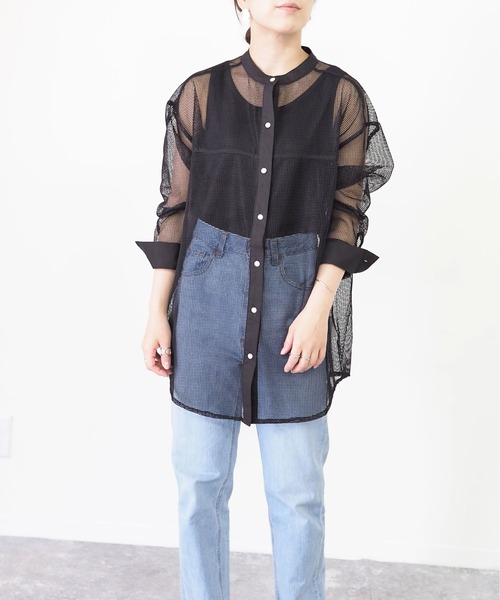 Riberry(リベリー)の「バンドカラーメッシュシャツ(シャツ/ブラウス・レディース・ブラック/ブラウン/アイボリー・MEDIUM)」の18枚目の写真