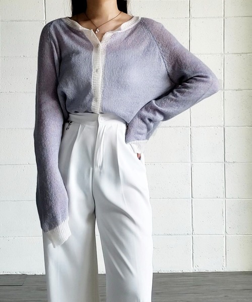 me+em select（ミームセレクト）の「シアーバイカラーカーディガン（カーディガン/ボレロ・レディース・ブラウン/ホワイト/ブルー・FREE）」の3枚目の写真