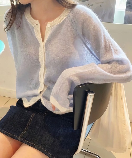 me+em select（ミームセレクト）の「シアーバイカラーカーディガン（カーディガン/ボレロ・レディース・ブラウン/ホワイト/ブルー・FREE）」の9枚目の写真