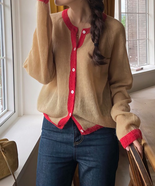 me+em select（ミームセレクト）の「シアーバイカラーカーディガン（カーディガン/ボレロ・レディース・ブラウン/ホワイト/ブルー・FREE）」の11枚目の写真