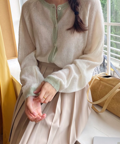 me+em select（ミームセレクト）の「シアーバイカラーカーディガン（カーディガン/ボレロ・レディース・ブラウン/ホワイト/ブルー・FREE）」の5枚目の写真