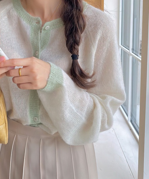 me+em select（ミームセレクト）の「シアーバイカラーカーディガン（カーディガン/ボレロ・レディース・ブラウン/ホワイト/ブルー・FREE）」の6枚目の写真