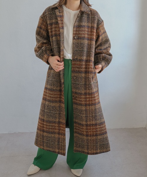 ＡＮＤＪ（アンドジェイ）の「ツイードチェック柄背中タックロングコート（チェスターコート・レディース・ネイビー/ブラウン・M）」の3枚目の写真