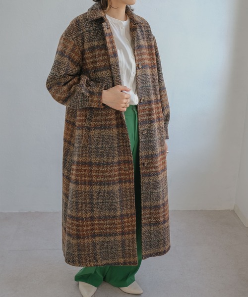 ＡＮＤＪ（アンドジェイ）の「ツイードチェック柄背中タックロングコート（チェスターコート・レディース・ネイビー/ブラウン・M）」の4枚目の写真