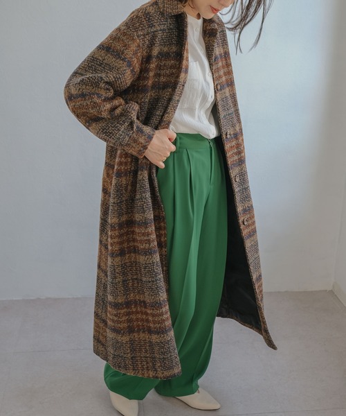 ＡＮＤＪ（アンドジェイ）の「ツイードチェック柄背中タックロングコート（チェスターコート・レディース・ネイビー/ブラウン・M）」の5枚目の写真