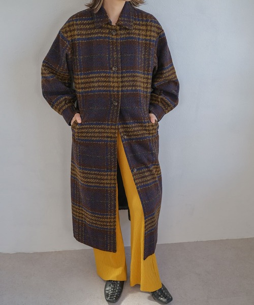 ＡＮＤＪ（アンドジェイ）の「ツイードチェック柄背中タックロングコート（チェスターコート・レディース・ネイビー/ブラウン・M）」の12枚目の写真