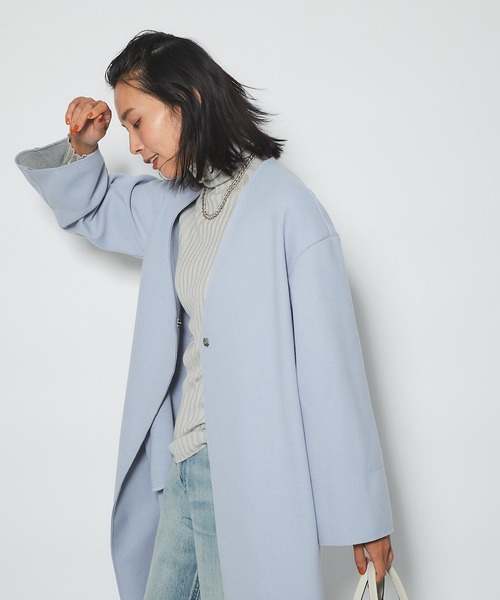 RIVE DROITE（リヴドロワ）の「どんなスタイルにもマッチする　ウールライクカラーレスコート（ノーカラーコート・レディース・グレー/ネイビー/サックスブルー・FREE）」の21枚目の写真