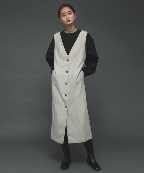 SENSE OF PLACE by URBAN RESEARCH（センスオブプレイスバイアーバンリサーチ）の「ウールライクフロントボタンジャンパースカート（ジャンパースカート・レディース・ブラック/アイボリー/ブラウン系その他・ONE）」の5枚目の写真