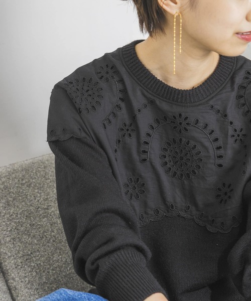 URBAN RESEARCH（アーバンリサーチ）の「カットワークレースドッキングニット（ニット/セーター・レディース・ブラック/オフホワイト・FREE）」の3枚目の写真